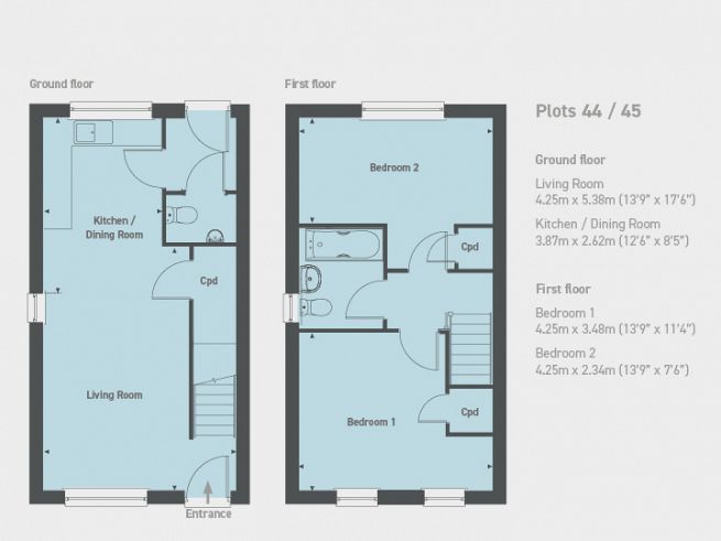 Floor plan 2 bedroom houses, plots 44 and 45  - artist's impression subject to change